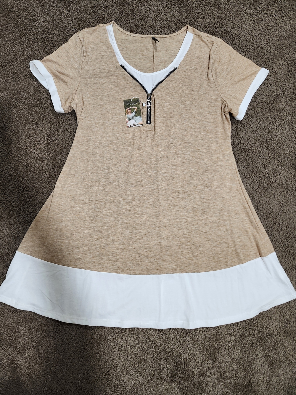 Women's Tan Short Sleeve Mini Dress with White Trim and Front Zip